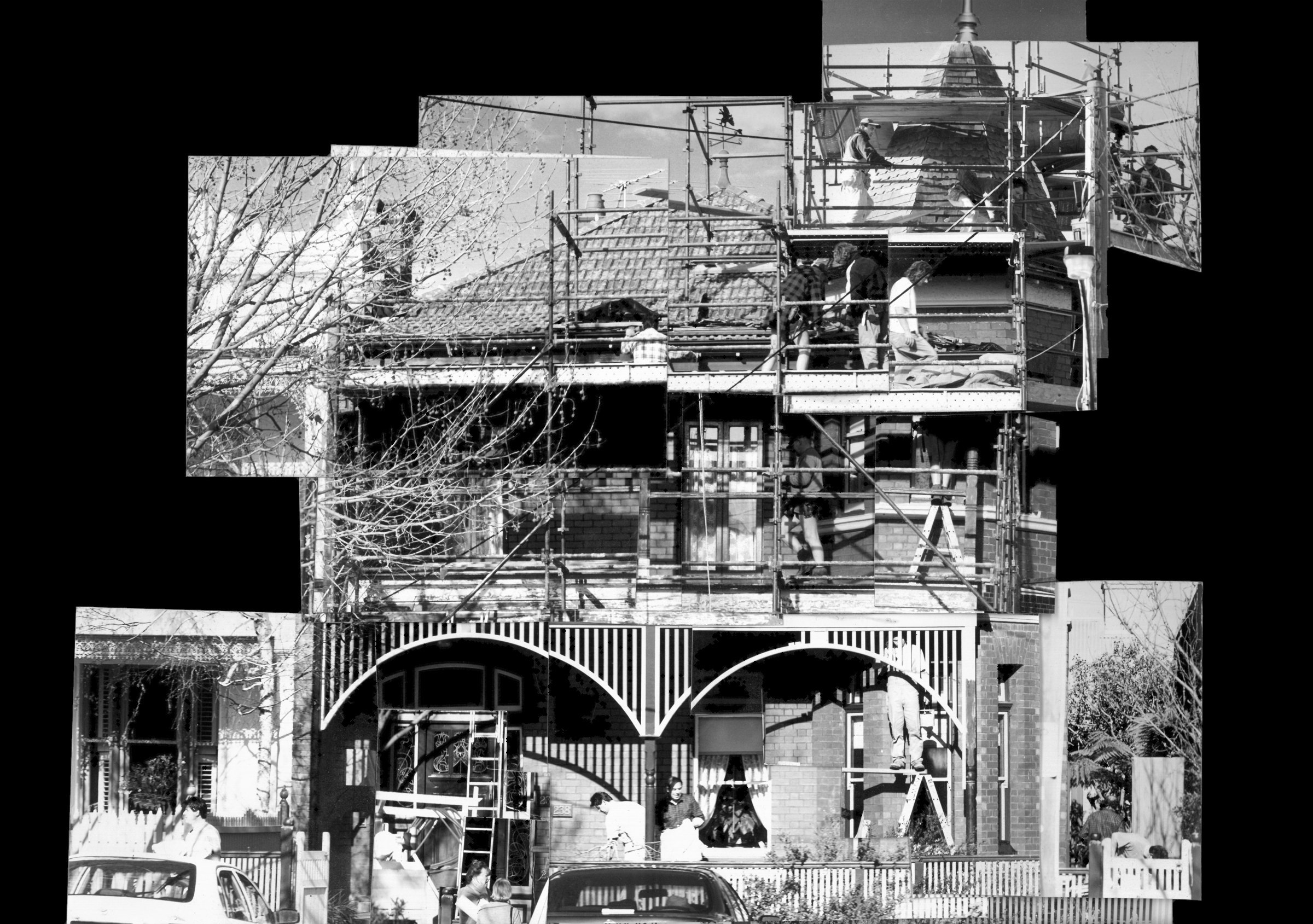 Photo collage of a two-storey brick terrace under scaffolding, with the Household crew working on the roof, balcony and verandah
